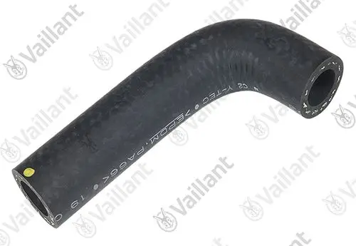 Biegbarer schwarzer Gummischlauch mit zwei offenen Enden, beschriftet mit der Marke Vaillant, geeignet für Anwendung in Heizsystemen.